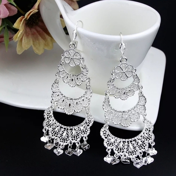 Jewelry - Hanging Earrings in Silver Metal and Pendant Heart Savoyard Style Oriental Weddi